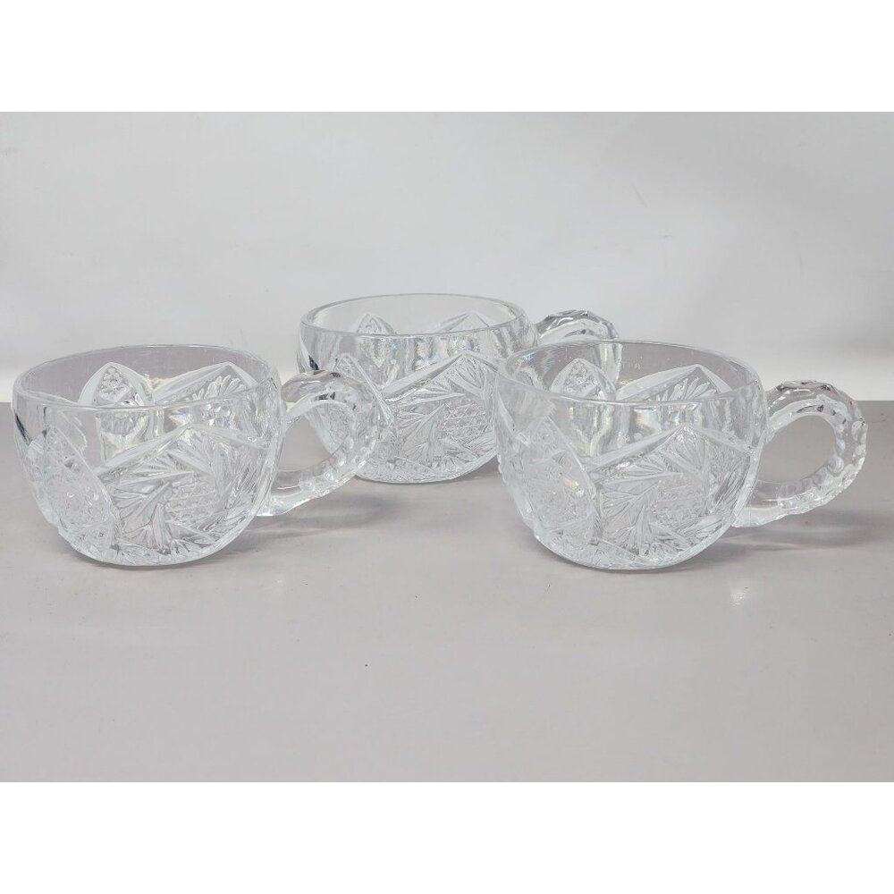 Vintage Set Of 3 Clear Pressed Glass Punch Cups Decorative Floral‎ Starburst
